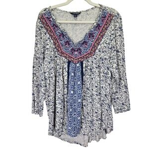 Lucky Brand Floral Embroidered Peasant Womens Top Large‎ Bohemian Hippie Boho